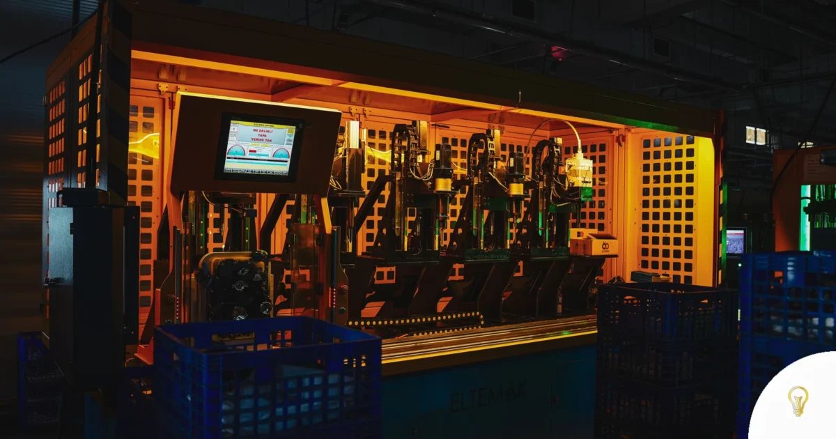 A complex piece of machinery in a dark industrial setting with vibrant lighting