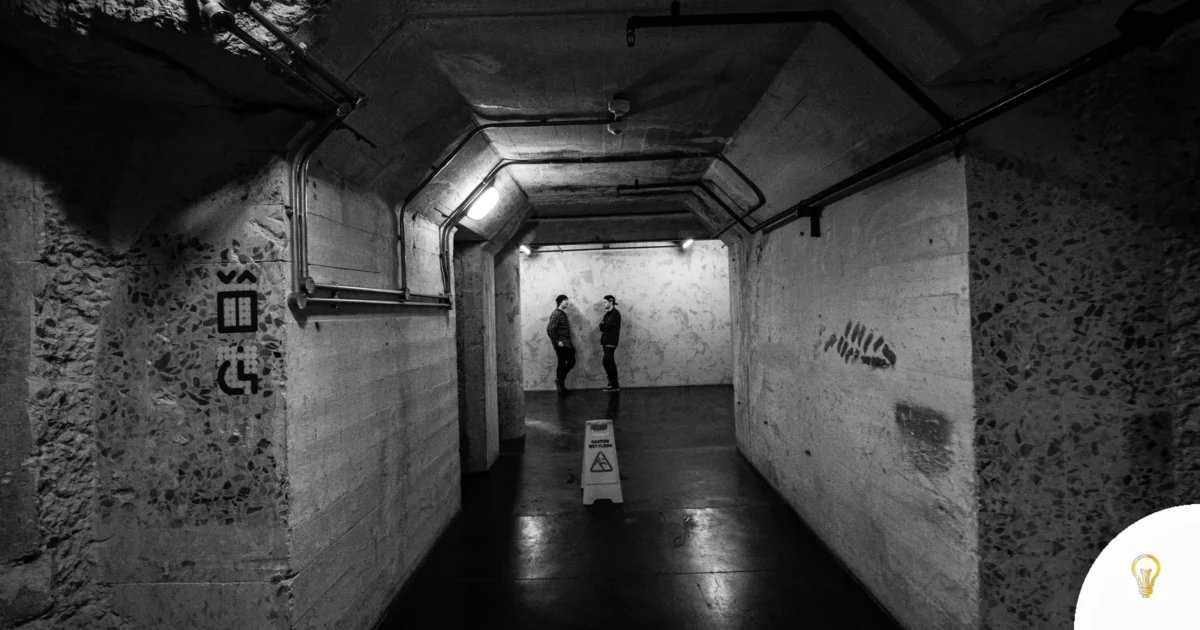 Moody black and white photo of two people in a dimly lit underground corridor